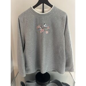 Bonnie Evans Fleece Pullover XL – Birds & Cherry Blossoms Embroidered Sweatshirt